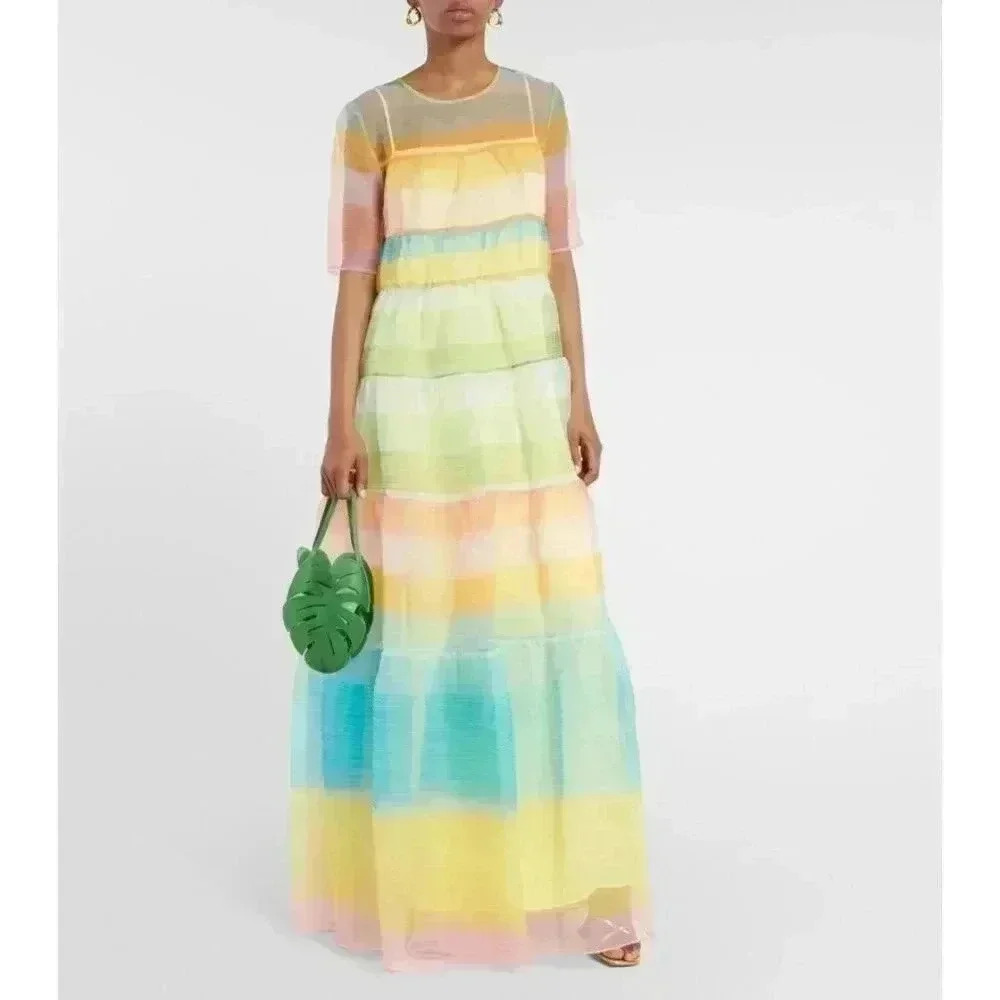 STAUD Pastel Rainbow Tiered Maxi Dress - Pink, Yellow, Green, Blue